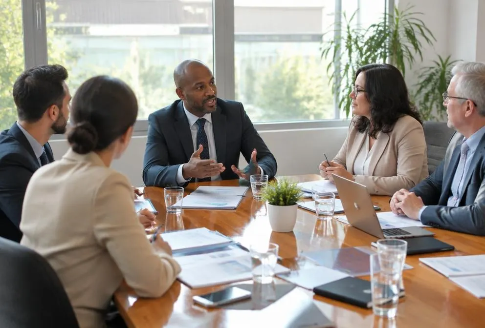 A board meeting around a table with documents