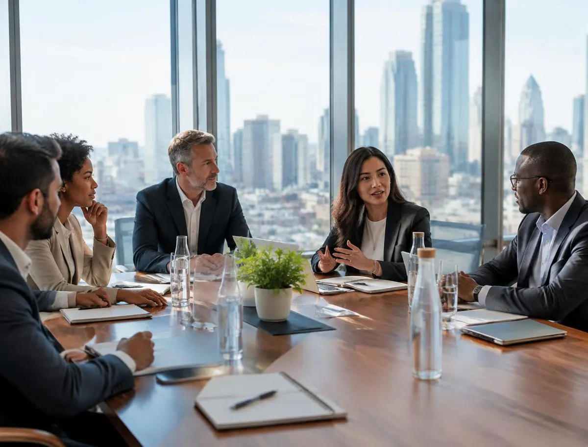 Leaders in discussion around a long boardroom table with city views