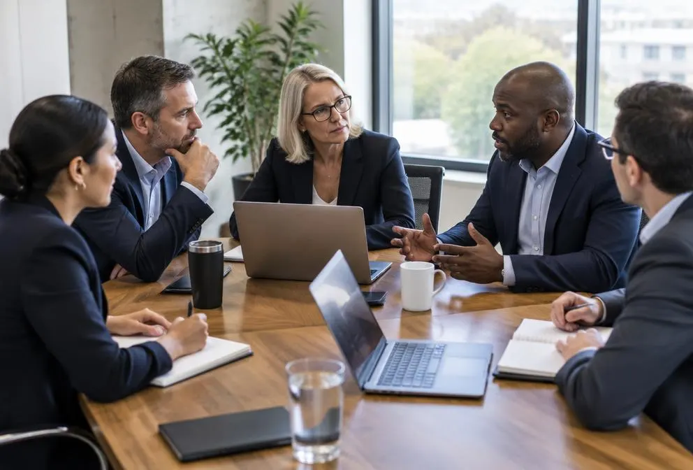 An executive team in focused discussion around a table