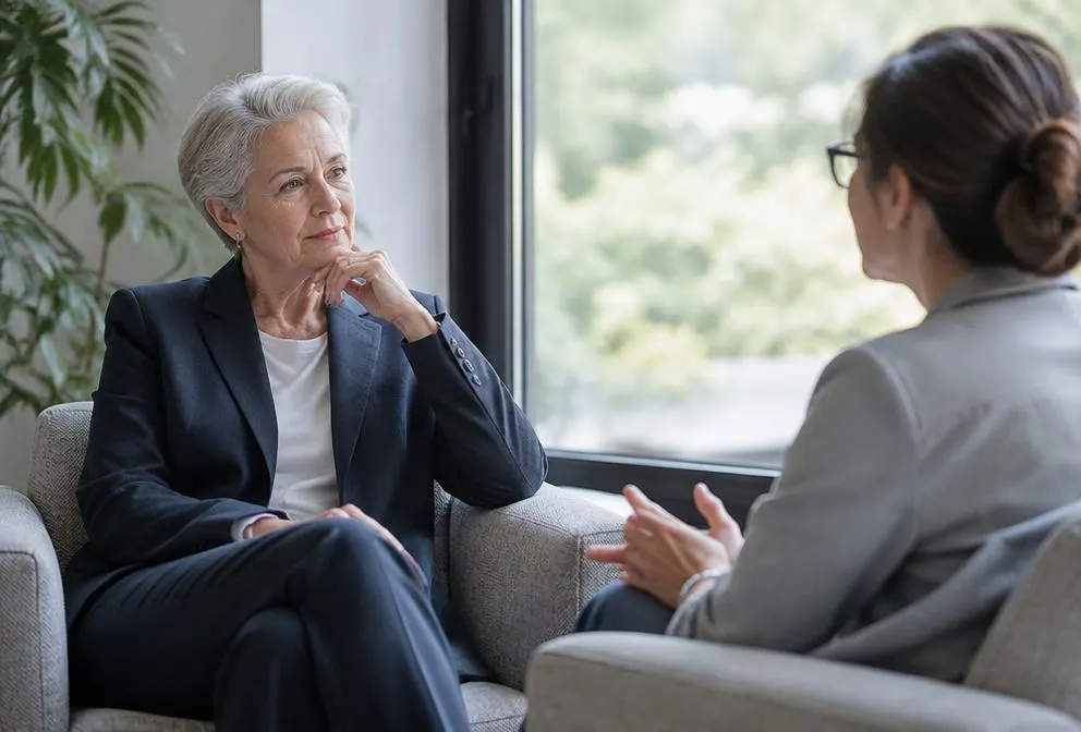 A reflective senior leader in a one-to-one conversation by a window