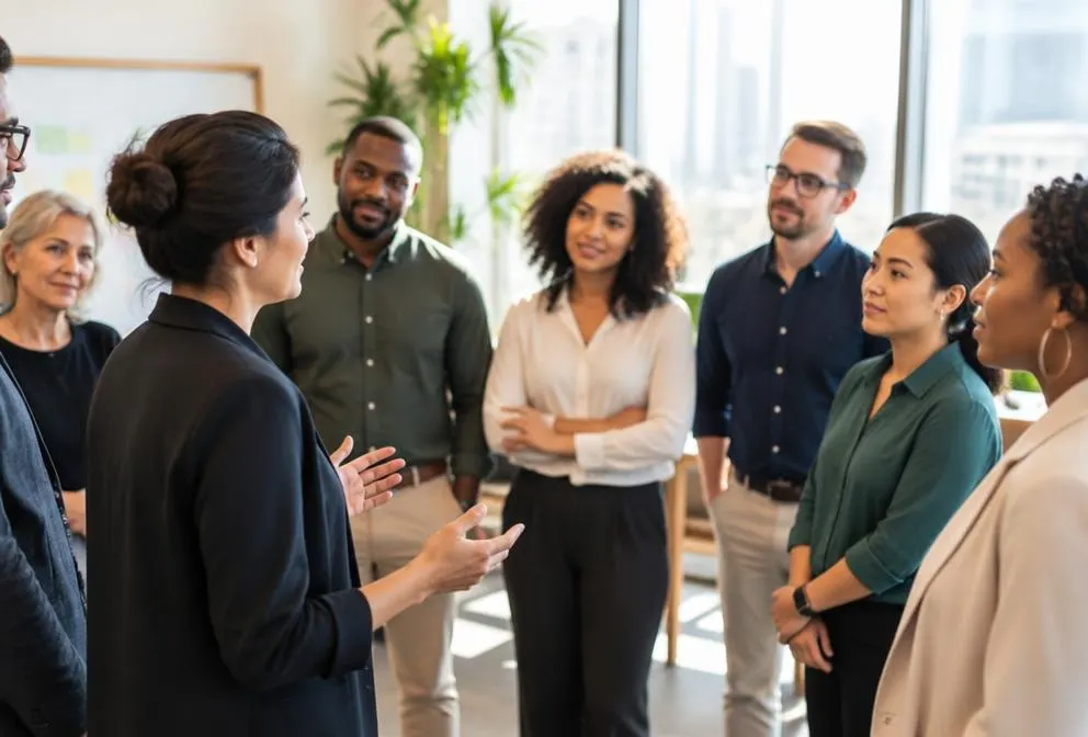 A leader addressing a standing team during a period of change