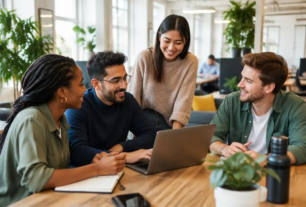 Colleagues collaborating around a laptop in a bright open workspace