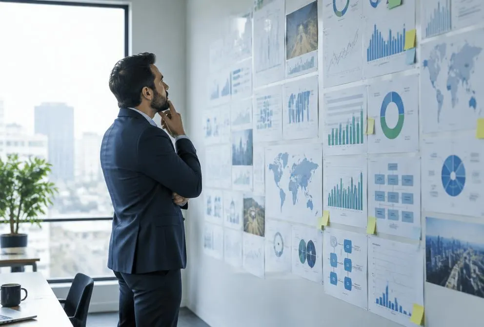 A leader studying a wall of strategy charts and maps by an office window