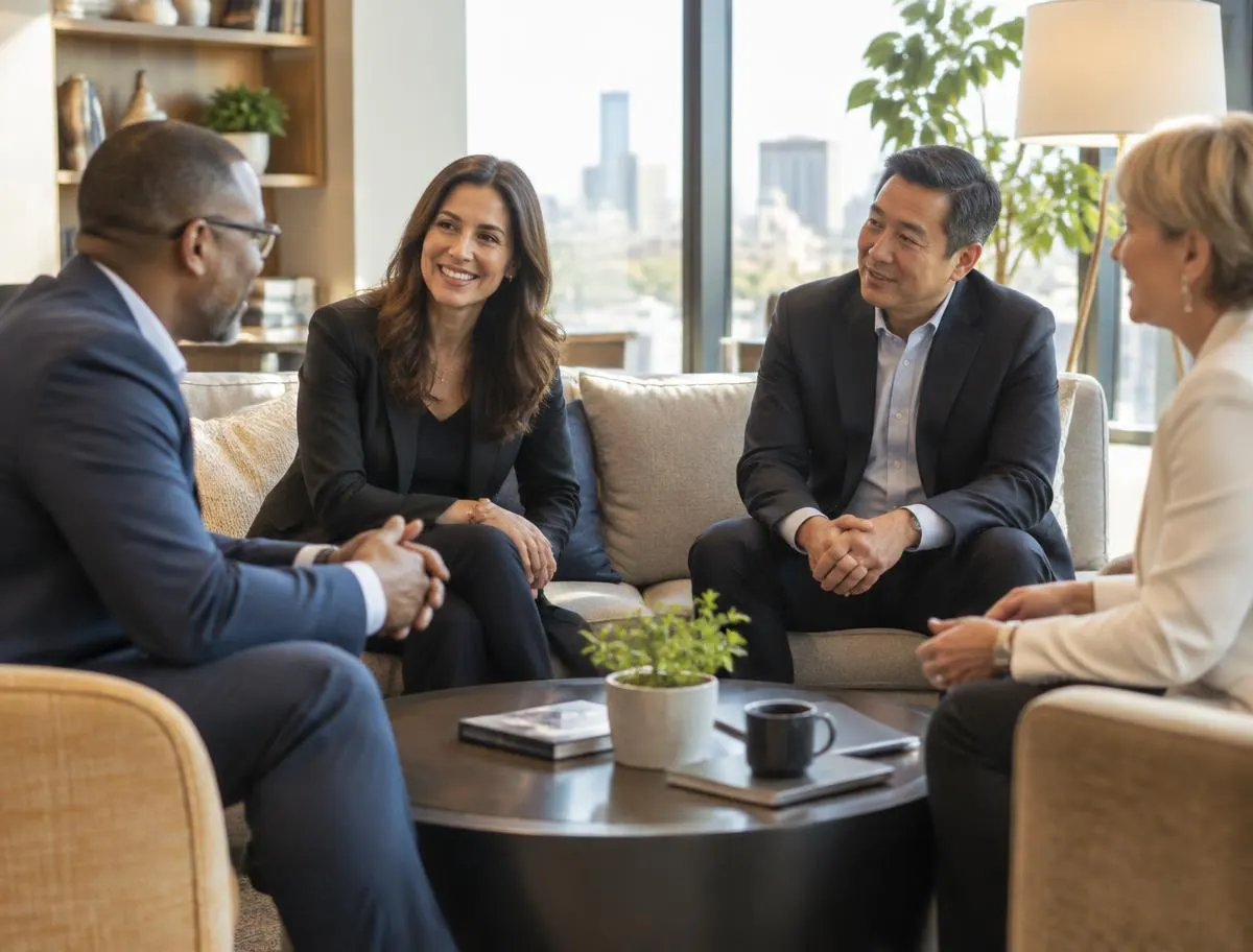 Senior leaders in relaxed conversation in a bright executive lounge